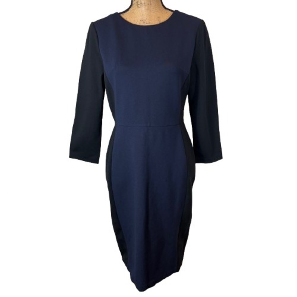 Talbots Sheath Dress Navy Blue Black Colorblock Ponte Knit Career Chic Size 6